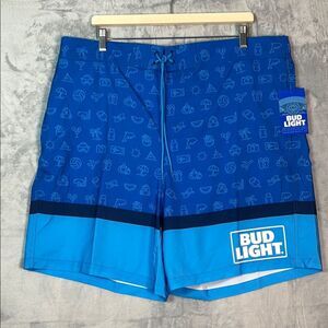 NWT New Bud Light Blue Swim Summer Board Trunks Shorts with Pockets Large